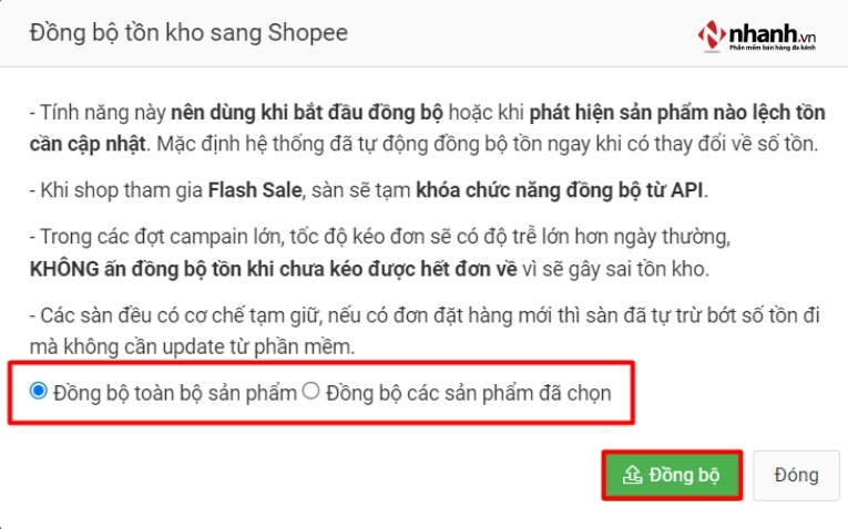 Đồng bộ tồn kho từ sàn Shopee lên phần mềm Nhanh.vn