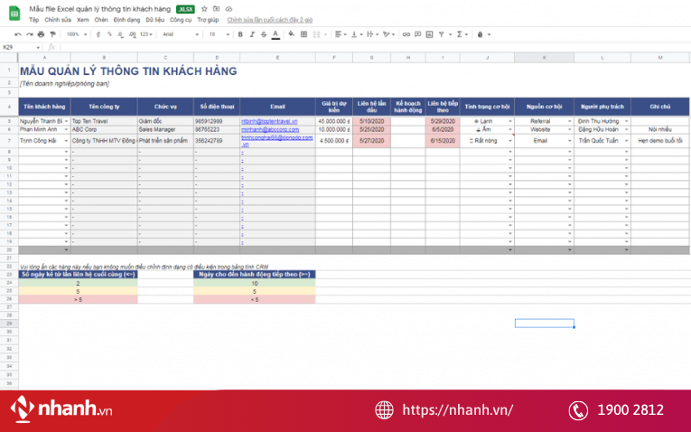 File Excel quản lý khách hàng