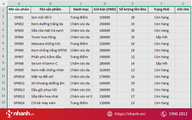 File Excel quản lý sản phẩm
