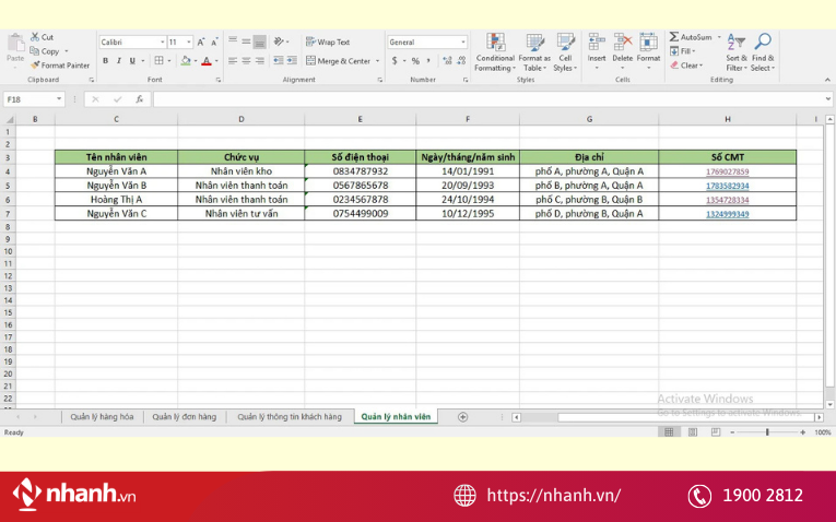 File excel quản lý thông tin nhân viên bán hàng