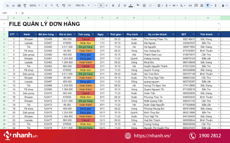 File quản lý trạng thái đơn hàng bằng excel
