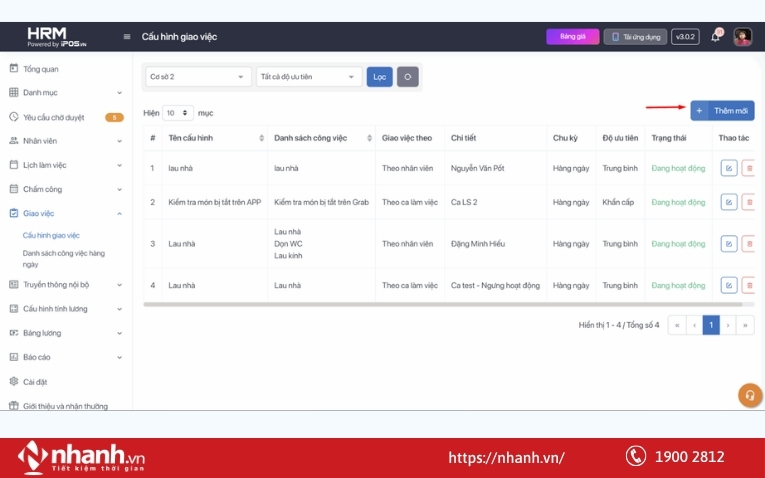 Giao diện giao việc, đặt mức độ ưu tiên của công việc trên iPOS HRM
