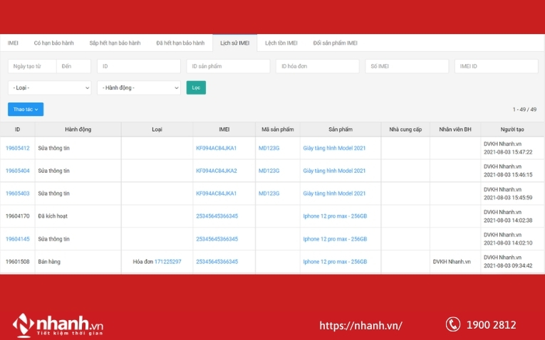 Giao diện lịch sử IMEI