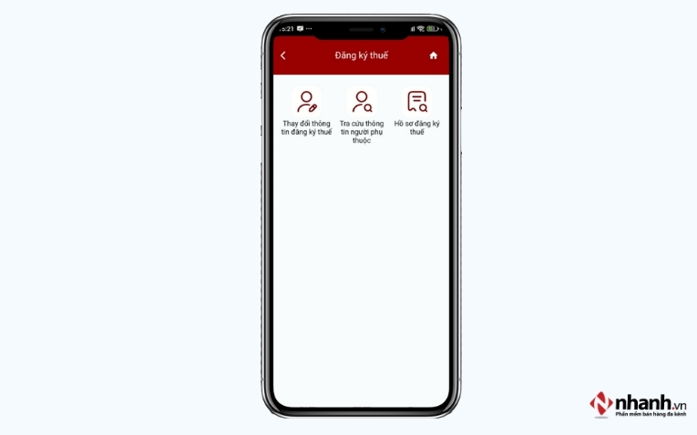 Giao diện menu Đăng ký thuế