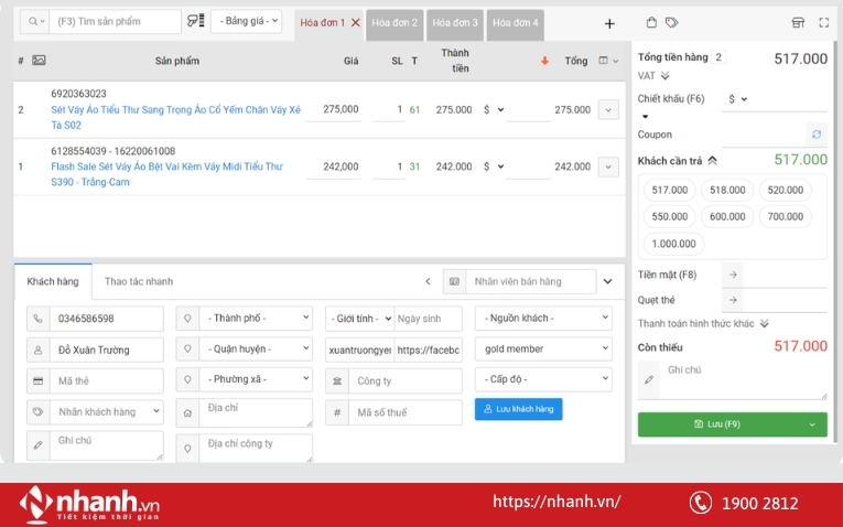 Giao diện thanh toán đơn hàng của Nhanh.POS
