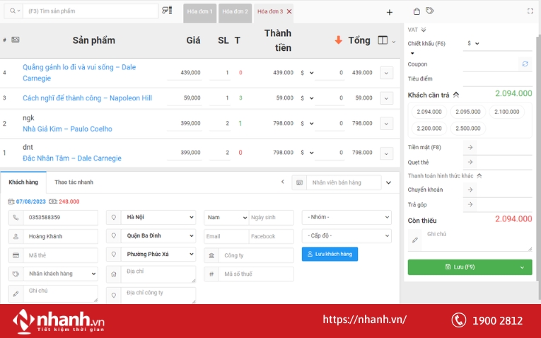 Giao diện thanh toán tiền hàng trên phần mềm Nhanh.vn