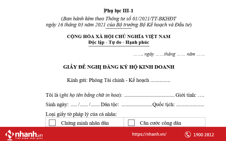 Giấy đề nghị đăng ký hộ kinh doanh