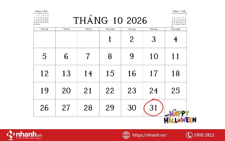 Halloween 2026 rơi vào ngày thứ bảy 31/10/2026