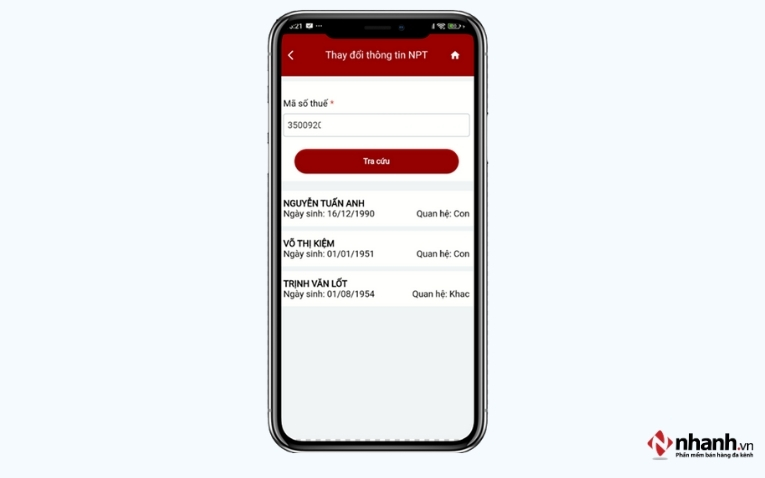 Hệ thống hiển thị danh sách thông tin NPT gắn với NNT