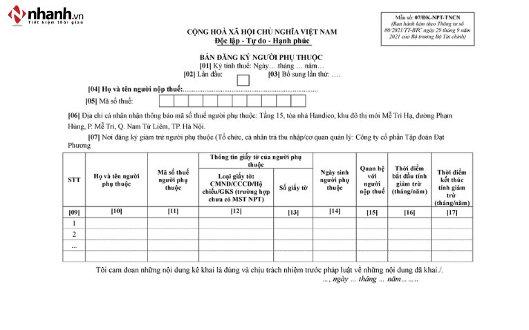 Hồ sơ đăng ký người phụ thuộc