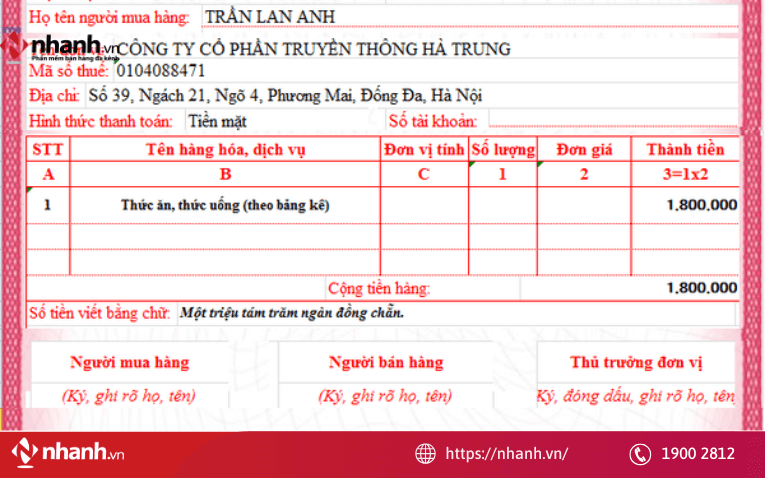 Hóa đơn ăn uống cần ghi rõ tên sản phẩm, số lượng