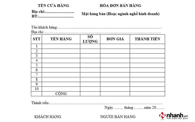 Hóa đơn bán lẻ được ghi số tiền cụ thể theo giá trị của giao dịch