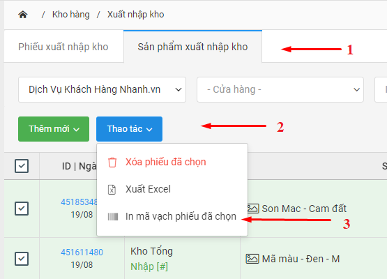 In mã vạch sản phẩm từ Danh sách sản phẩm XNK