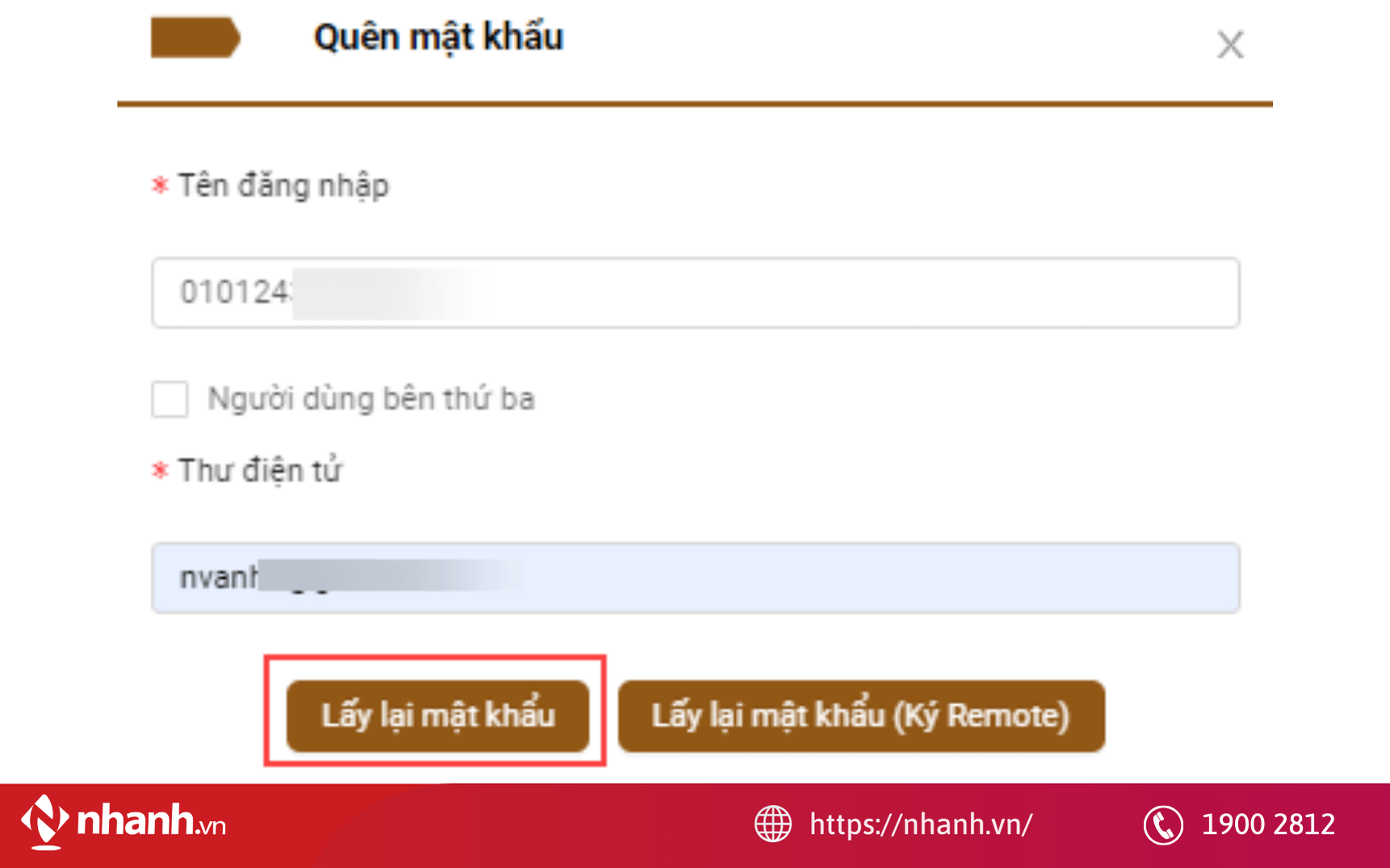 Nhập đầy đủ các thông tin tại màn hình lấy lại mật khẩu