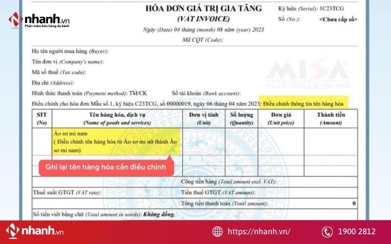 Lập hóa đơn điều chỉnh hóa đơn điện tử sai tên hàng hóa
