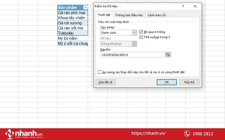 Liên kết mục tên sản phẩm Sheet Sản phẩm và mục sản phẩm trong Sheet Quản lý chung