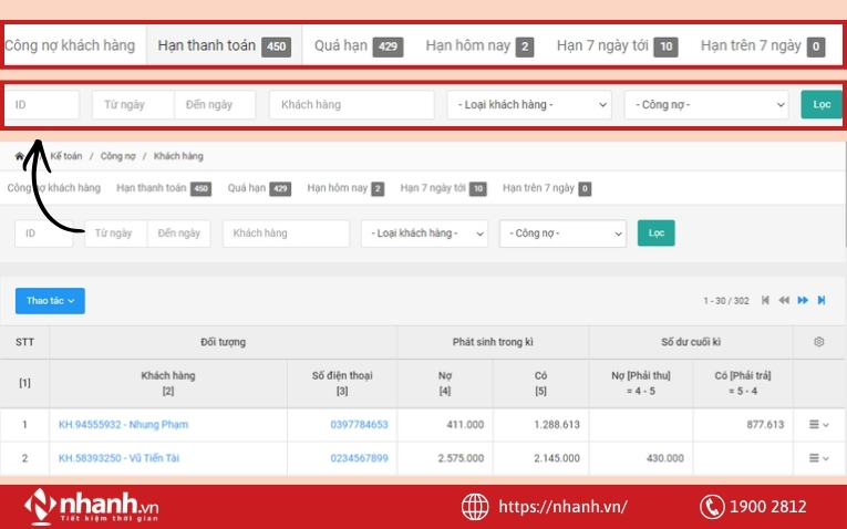 Lọc công nợ khách hàng trên phần mềm Nhanh.vn