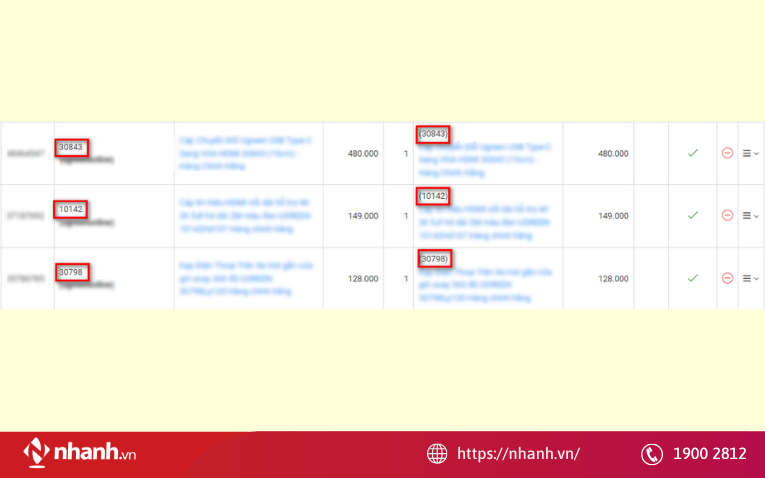 Mã SKU sản phẩm trên sàn tương ứng với mã sản phẩm trên Nhanh