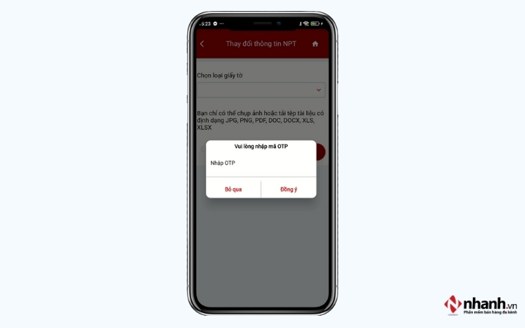 Màn hình yêu cầu nhập mã OTP
