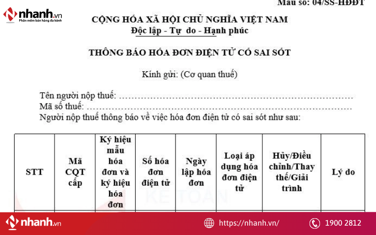 Mẫu 04/SS-HĐĐT - Thông báo hóa đơn điện tử có sai sót gửi cơ quan thuế