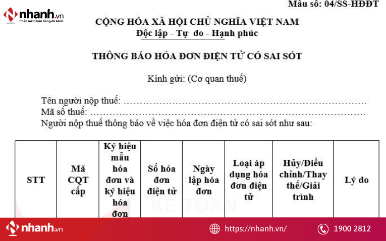 Mẫu 04 thông báo hóa đơn điện tử có sai sót theo nghị định 123
