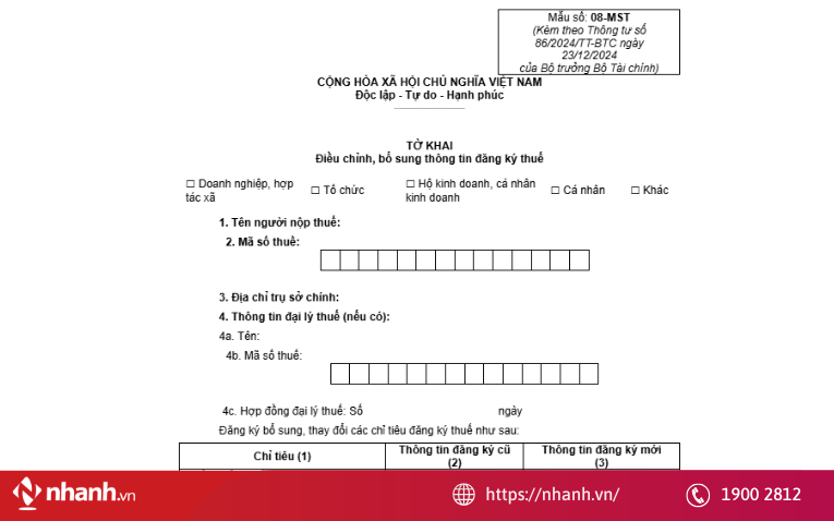 Mẫu 08-MST, được ban hành kèm theo Thông tư số 86/2024/TT-BTC