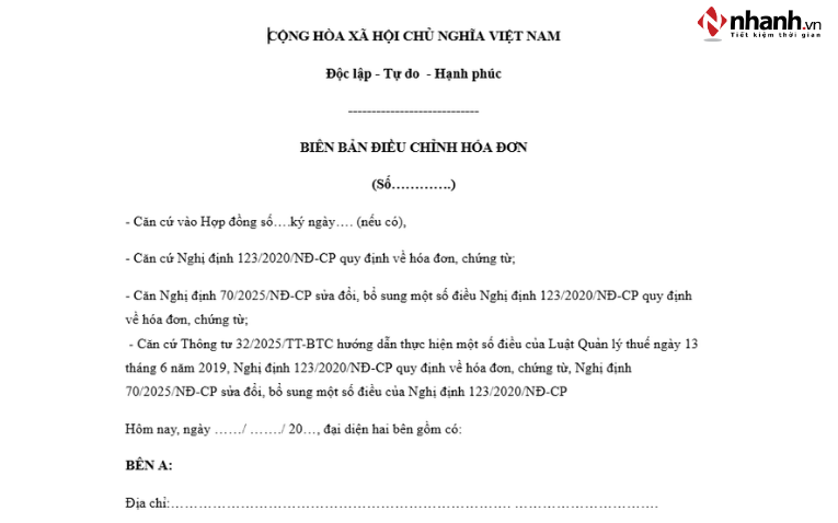 Mẫu biên bản điều chỉnh hóa đơn điện tử mới nhất