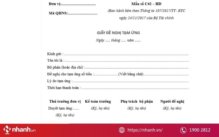 Mẫu giấy đề nghị tạm ứng theo thông tư 107