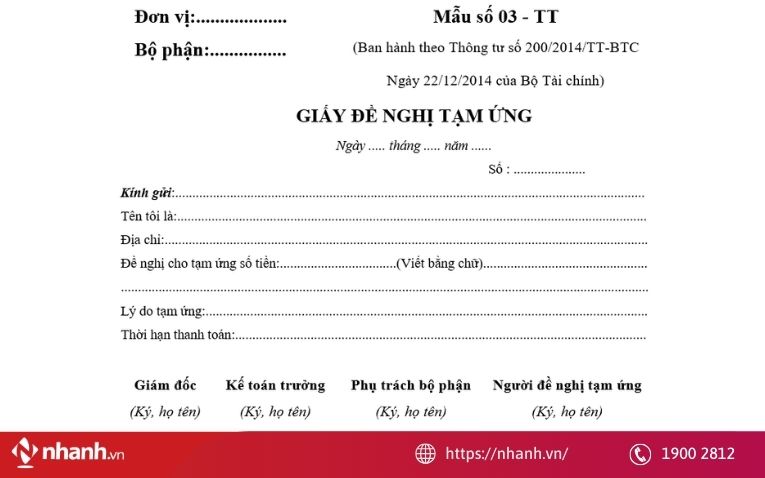 Mẫu giấy đề nghị tạm ứng theo Thông tư 133