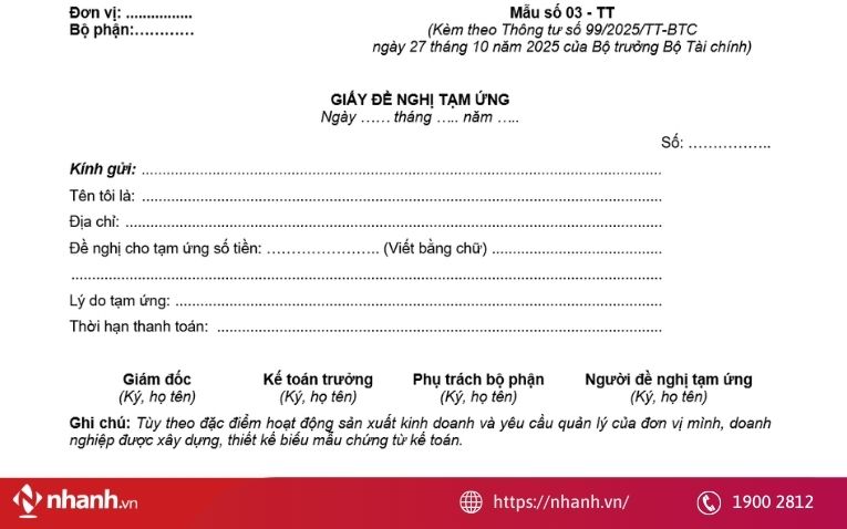 Mẫu giấy đề nghị tạm ứng theo Thông tư 99