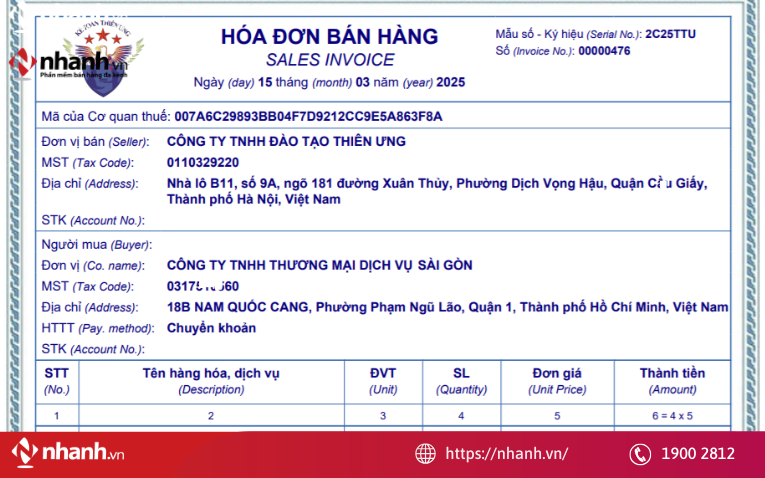Mẫu hóa đơn điện tử bán hàng cho hộ cá nhân kinh doanh