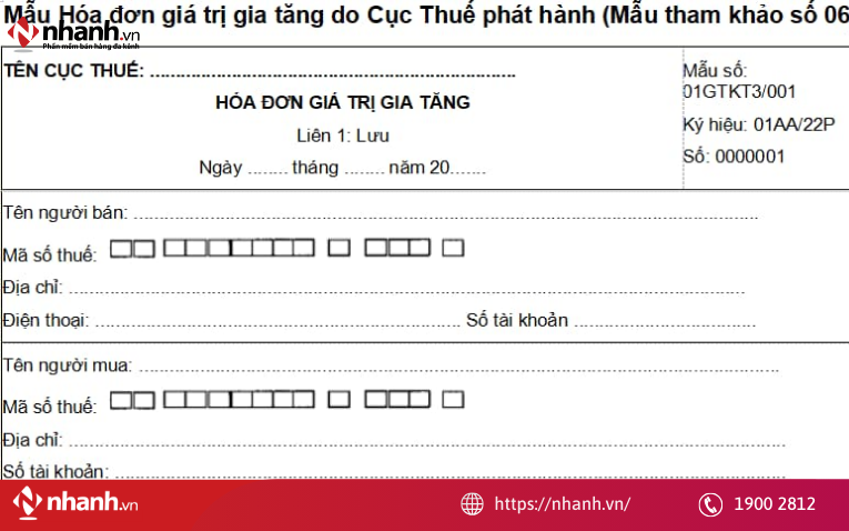 Mẫu hóa đơn giá trị gia tăng ký hiệu mẫu số 1 dùng cho phương pháp khấu trừ