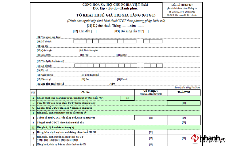 Mẫu tờ khai số 01/GTGT