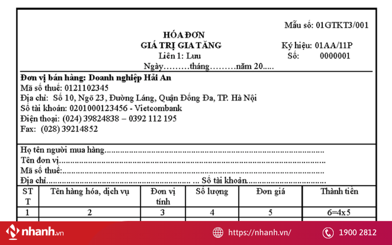 Mẫu Hóa đơn Giá trị gia tăng ( Mẫu số 01GTKT3/001) (Ký hiệu mẫu số 1)