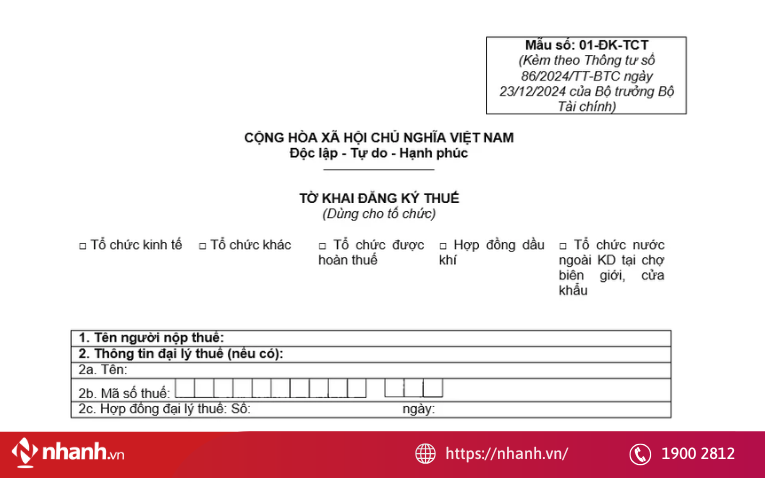 Mẫu tờ khai 01-ĐK-TCT được ban hành theo Thông tư 86/2024/TT-BTC