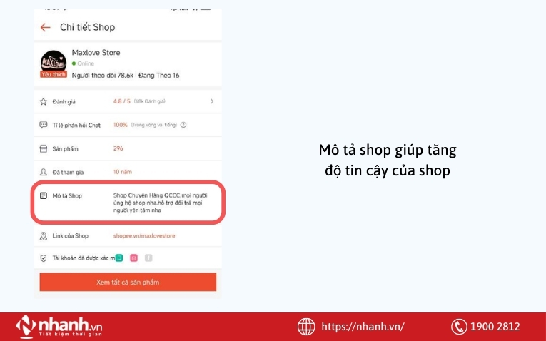 Mô tả shop giúp tăng độ tin cậy của shop