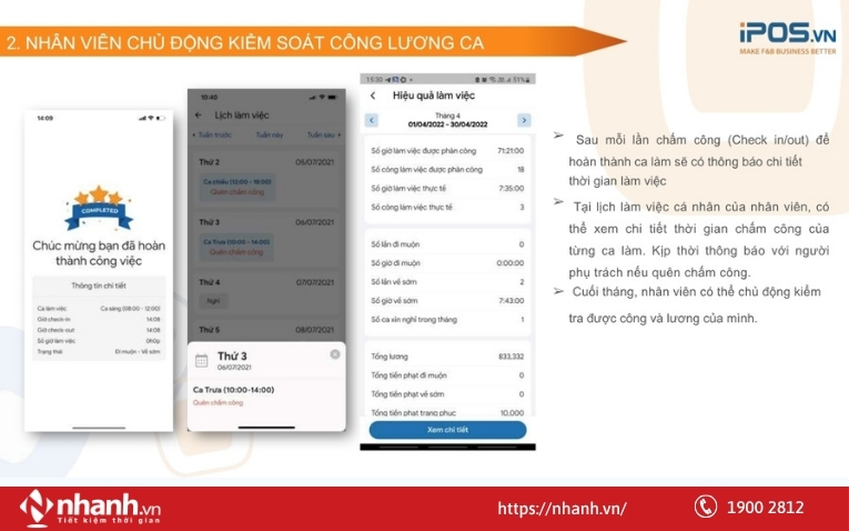 Nhân viên có thể chủ động kiểm soát công lương ca trên iPOS HRM