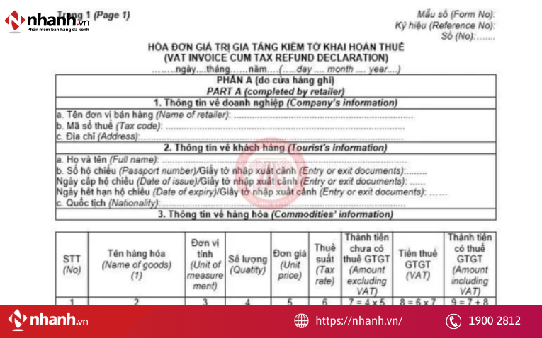 Nội dung bắt buộc trên hóa đơn GTGT kiêm tờ khai hoàn thuế cho doanh nghiệp