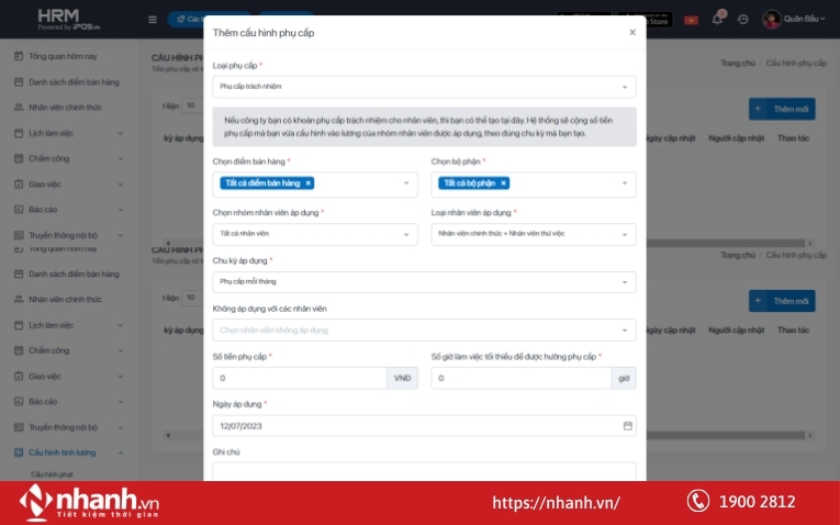 Phần mềm iPOS HRM cần nhập khoản phụ cấp để có dữ liệu tính lương tự động