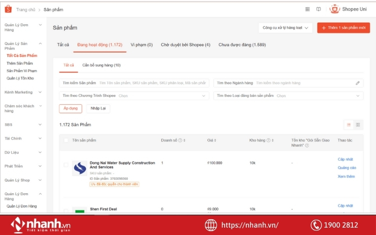 Quản lý sản phẩm trên Shopee