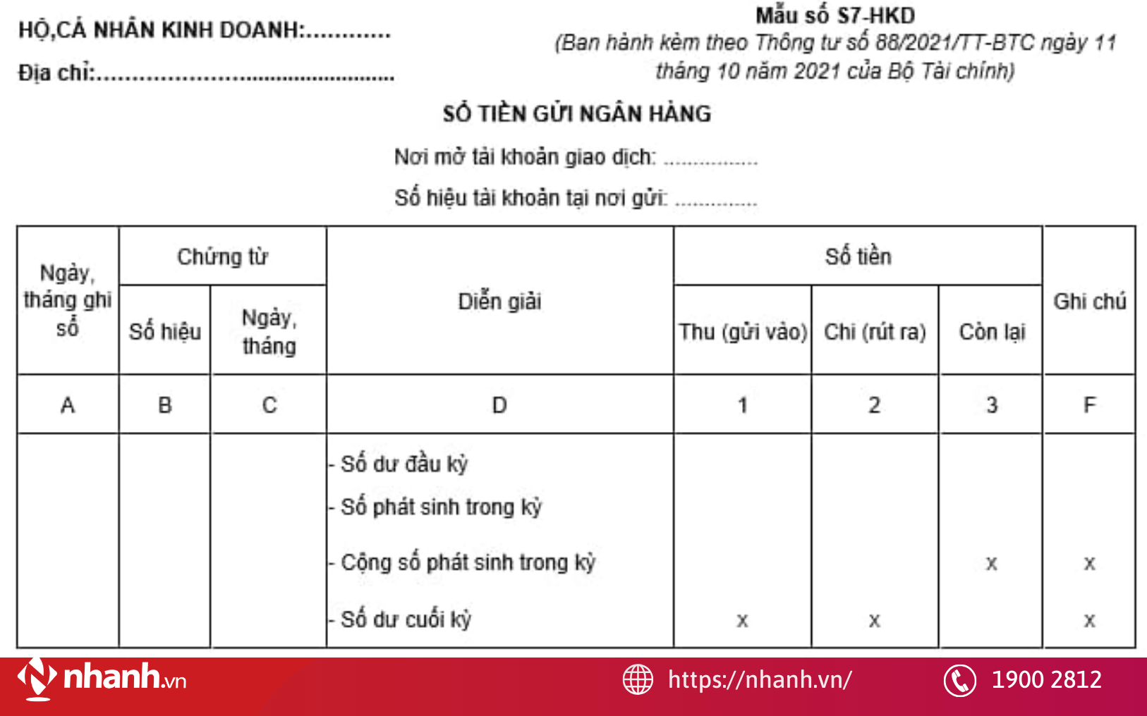 Sổ tiền gửi ngân hàng (Mẫu S7-HKD)