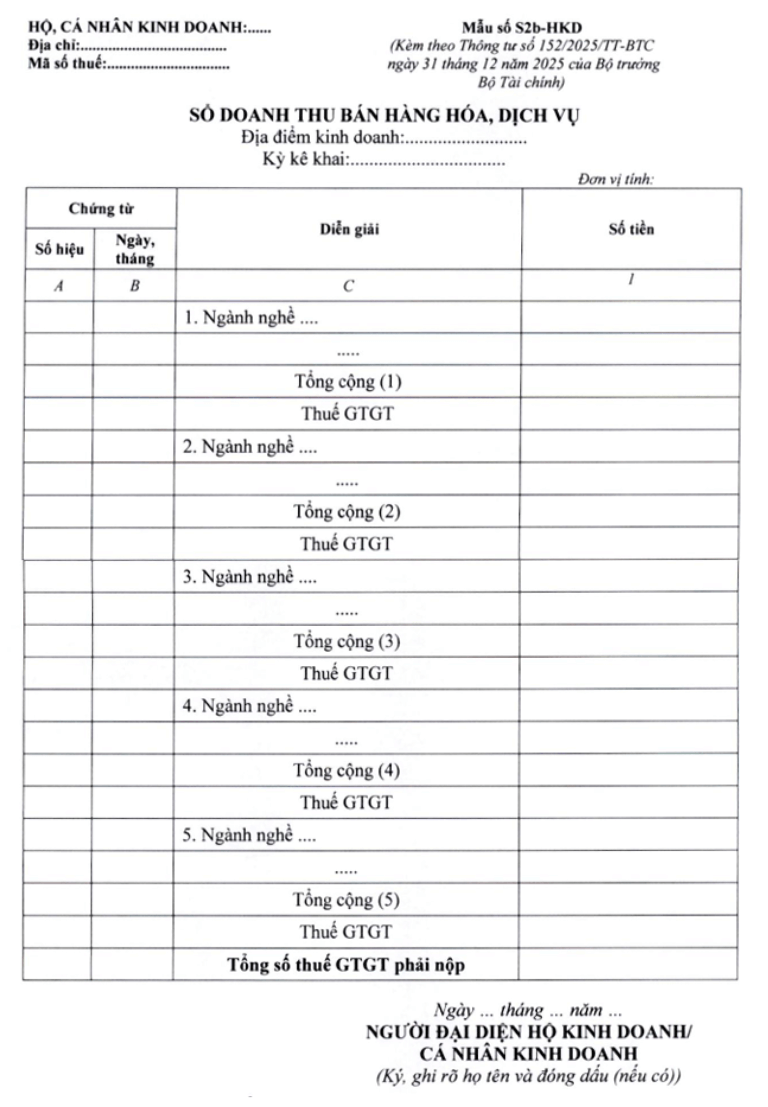 Sổ doanh thu, bán hàng, dịch vụ - S2b-HKD