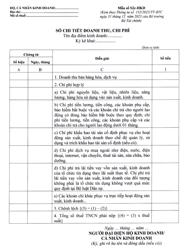 Sổ chi tiết doanh thu, chi phí - S2b-HKD