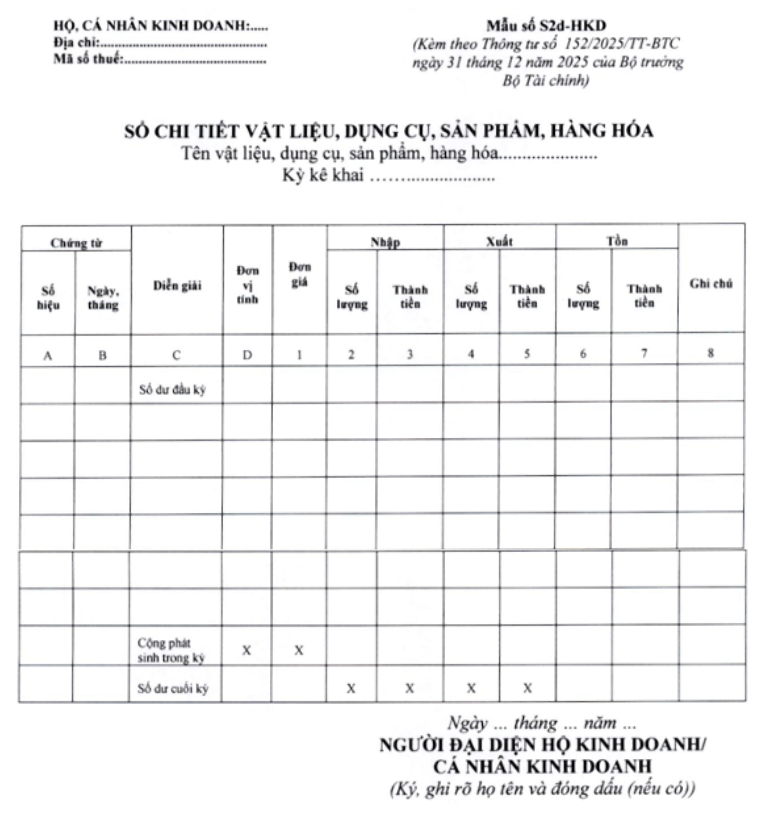 Sổ chi tiết vật liệu, dụng cụ, hàng hóa - S2c-HKD