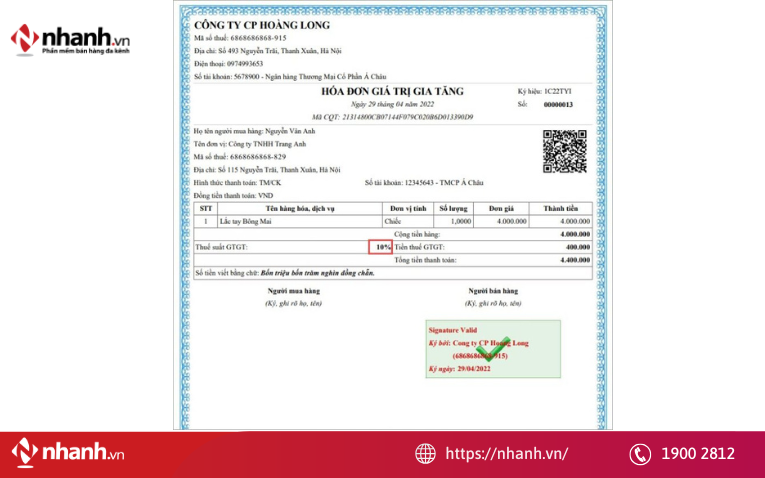 Thuế suất của hóa đơn giá trị gia tăng