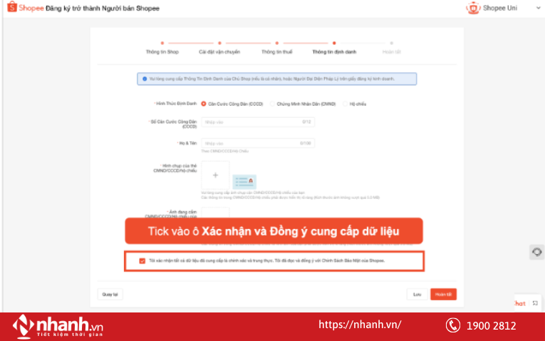 Tick vào ô Xác nhận và Đồng ý cung cấp dữ liệu