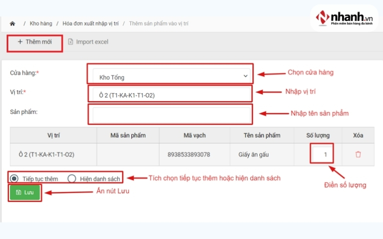 Tính năng nhập vị trí sản phẩm trên phần mềm Nhanh.POS