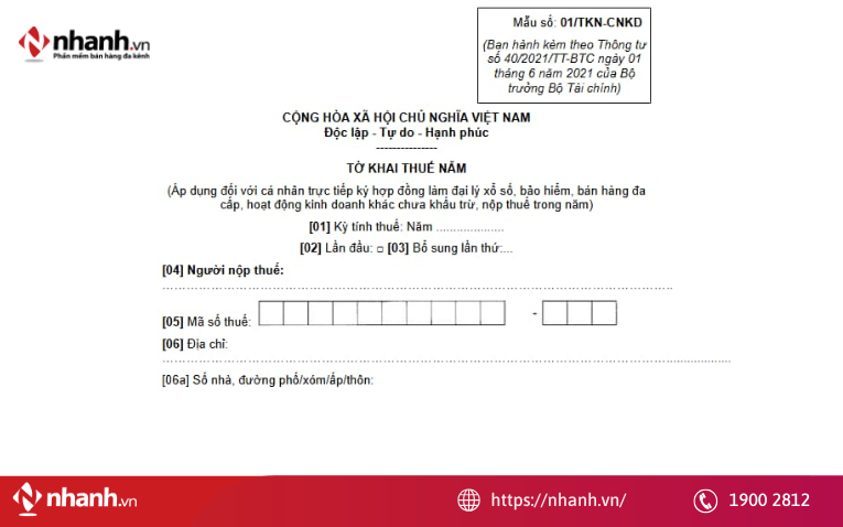 Tờ khai mẫu 01/CNKD theo Thông tư 40/2021/TT-BTC