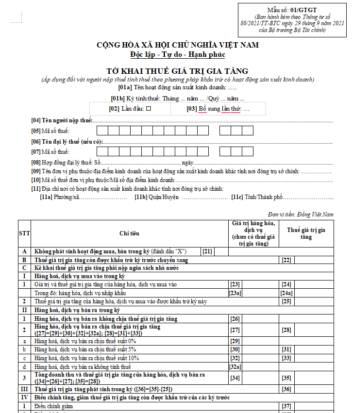 Mẫu tờ khai thuế GTGT mới nhất