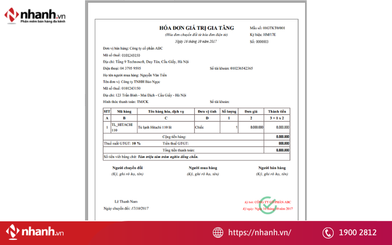 Ví dụ về bản thể hiện hóa đơn điện tử